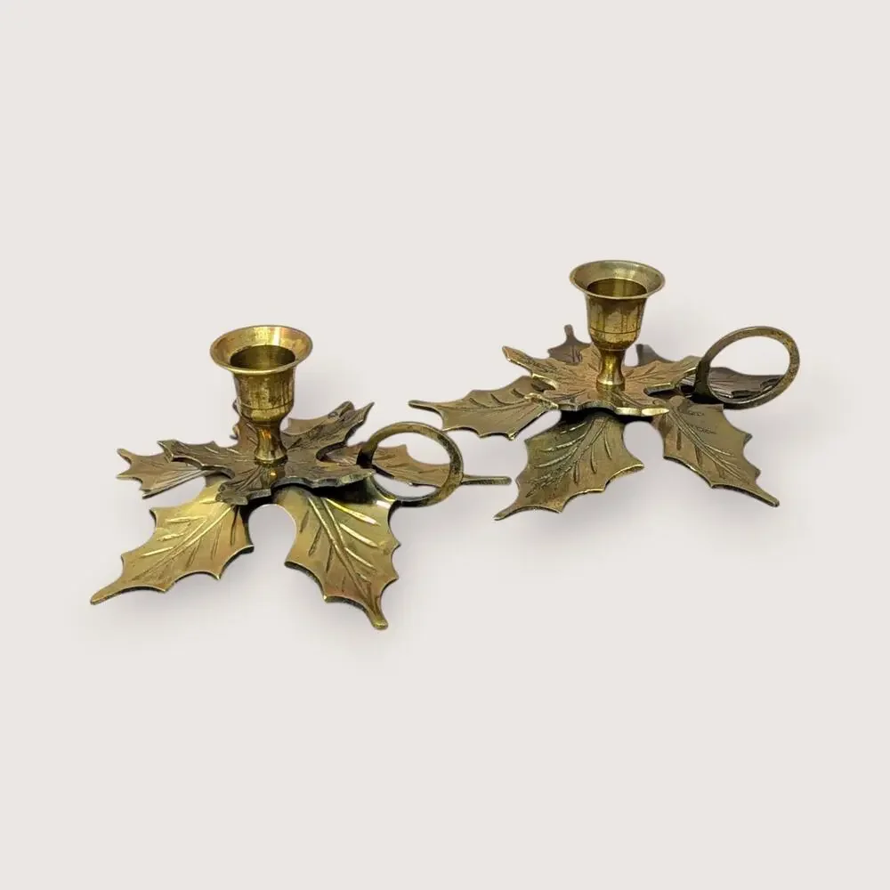 Mid-Century Brass Leaf Candlestick Holders Made In India